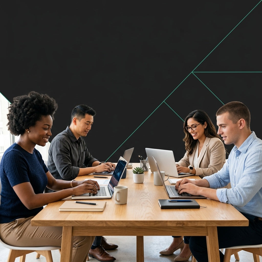Equipo de trabajo usando laptops reacondicionadas — Rematech Empresas