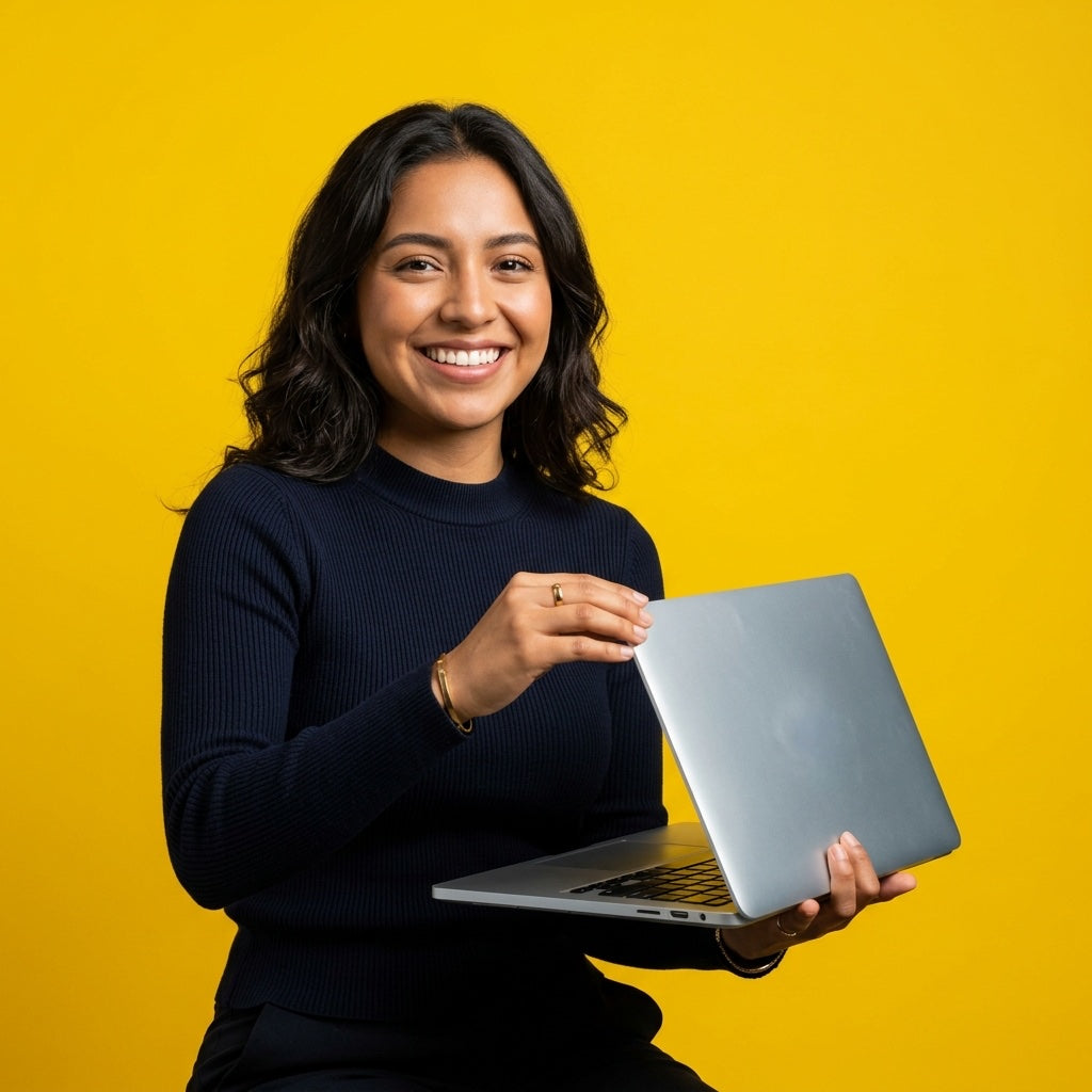 Persona contenta con su laptop reacondicionada — Rematech