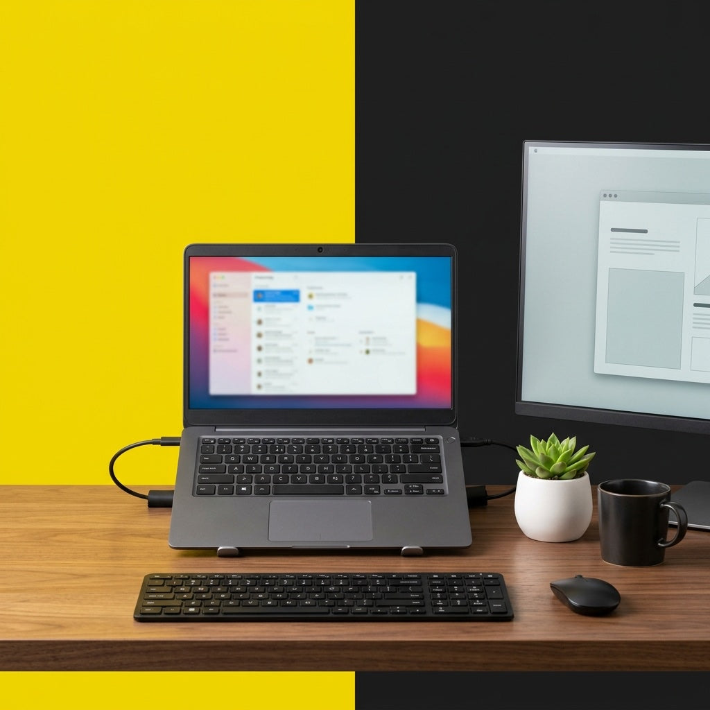Escritorio de home office con laptop reacondicionada — Rematech